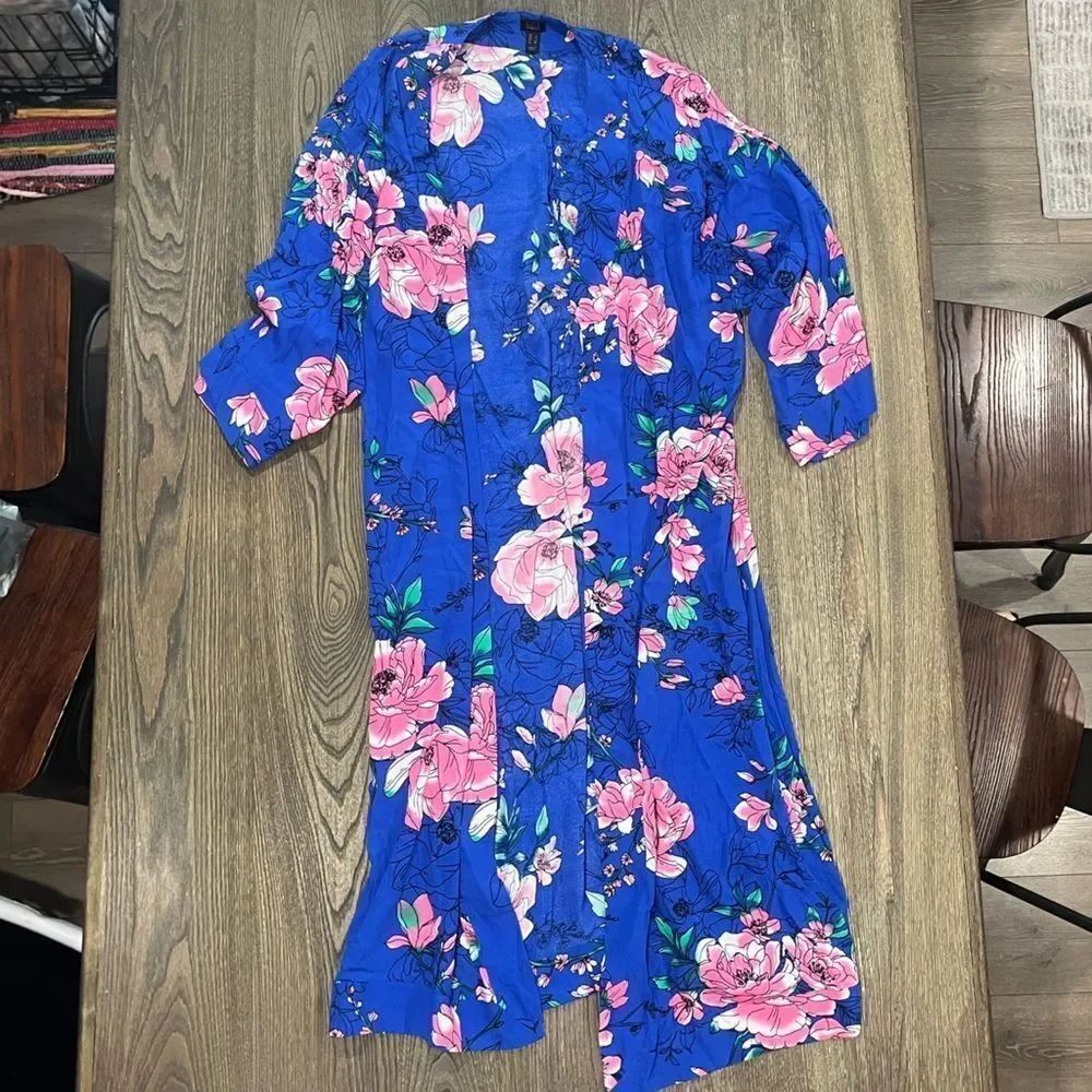 G.I.L.I. Printed Floral Duster Cardigan Open Front Long Sleeve Blue Multi Size L